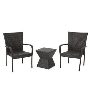 Noble House Bristol Outdoor 3 Piece Muttibrown Wicker Chat Set with Stacking Chairs and Square Side Table