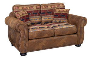 Porter Designs Hunter Wildlife Pattern Reversible to Leather-Look Transitional Loveseat Brown 01-33C-02-8020