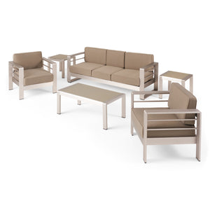 Noble House Cape Coral Outdoor 5 Seater Aluminum Sofa Chat Set with 2 Side Tables, Silver and Khaki