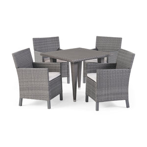 Celeste Outdoor 5 Piece Grey Wicker Square Dining Set with Light Grey Water Resistant Cushions Noble House