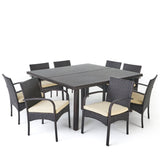 Chadney Outdoor 9 Piece Multibrown Wicker Square Dining Set with Crème Water Resistant Cushions Noble House
