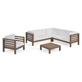 Oana Outdoor 6 Seater Acacia Wood Sectional Sofa and Club Chair Set, Gray Finish and White Noble House