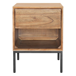 Hathaway 1-Drawer Night Stand - Rustic Modern Design in Solid Mindi Wood with Steel Legs, Fully Assembled
