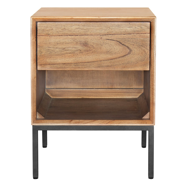 Hathaway 1-Drawer Night Stand - Rustic Modern Design in Solid Mindi Wood with Steel Legs, Fully Assembled