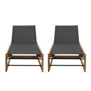 Noble House Emile Outdoor Mesh and Wood Adjustable Chaise Lounges (Set of 2), Black and Teak