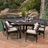 Chadney Outdoor 9 Piece Multibrown Wicker Square Dining Set with Crème Water Resistant Cushions Noble House