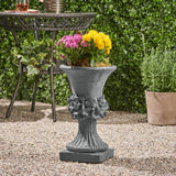 Noble House Calliope Outdoor Traditional Roman Chalice Garden Urn Planter with Floral Accents, Antique Gray