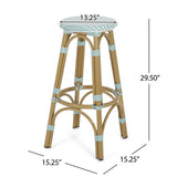 Noble House Starla Outdoor French Aluminum 29.5 Inch Barstools (Set of 4), Light Teal, White, and Bamboo Finish