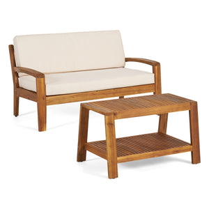 Grenada Loveseat and Coffee Table Set for Patio, Acacia Wood, Teak Finish with Beige Outdoor Cushions Noble House