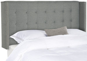 Safavieh Keegan Headboard Queen Tufted Winged Grey and Brass Nail Heads Fabric Wood Metal Plywood Linen Foam Stainless Steel MCR4006D-Q 889048158658