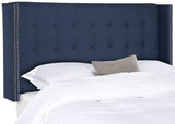 Keegan Headboard Queen Tufted Winged Navy and Brass Nail Heads Fabric Wood Metal Plywood Linen Foam Stainless Steel