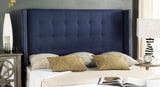 Safavieh Keegan Headboard Queen Tufted Winged Navy and Brass Nail Heads Fabric Wood Metal Plywood Linen Foam Stainless Steel MCR4006E-Q 889048158665
