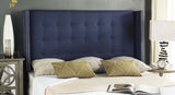 Safavieh Keegan Headboard Queen Tufted Winged Navy and Brass Nail Heads Fabric Wood Metal Plywood Linen Foam Stainless Steel MCR4006E-Q 889048158665