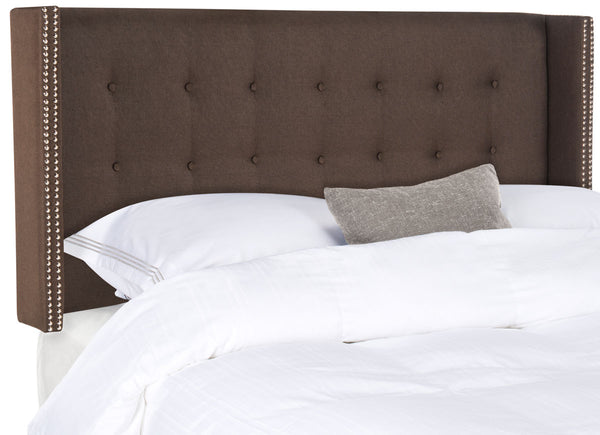 Keegan Chocolate Linen Headboard - Elegant Design with Silver Nail Heads & Stylish Dressmaker Buttons