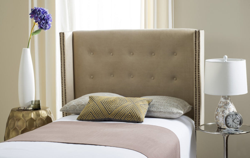 Keegan Buckwheat Velvet Headboard - Chic Design with Brass Nail Trim, Perfect for Any Bedroom Decor