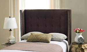Keegan Chocolate Linen Headboard - Elegant Design with Silver Nail Heads & Stylish Dressmaker Buttons