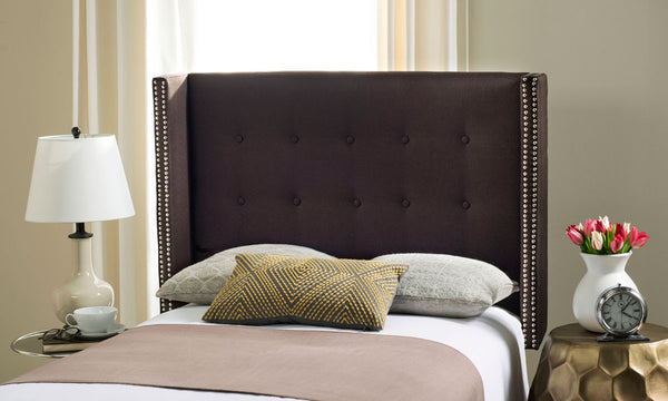 Keegan Chocolate Linen Headboard - Elegant Design with Silver Nail Heads & Stylish Dressmaker Buttons