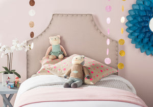 Denham Taupe Linen Headboard with Elegant Silver Nail Heads for a Chic Bedroom Makeover