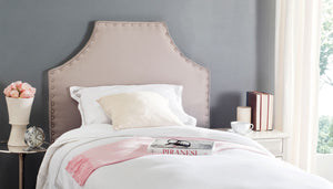Denham Taupe Linen Headboard with Elegant Silver Nail Heads for a Chic Bedroom Makeover