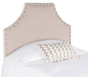 Denham Taupe Linen Headboard with Elegant Silver Nail Heads for a Chic Bedroom Makeover