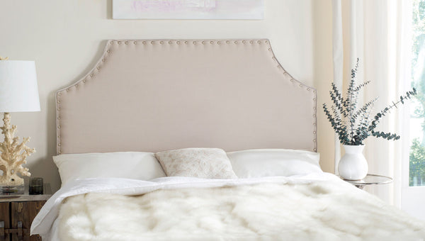 Denham Taupe Linen Headboard with Elegant Silver Nail Heads for a Chic Bedroom Makeover