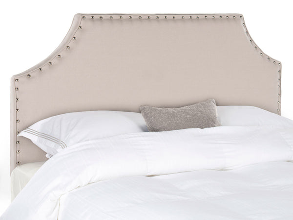 Denham Taupe Linen Headboard with Elegant Silver Nail Heads for a Chic Bedroom Makeover