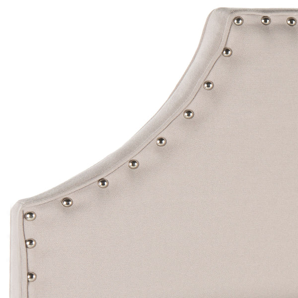Denham Taupe Linen Headboard with Elegant Silver Nail Heads for a Chic Bedroom Makeover