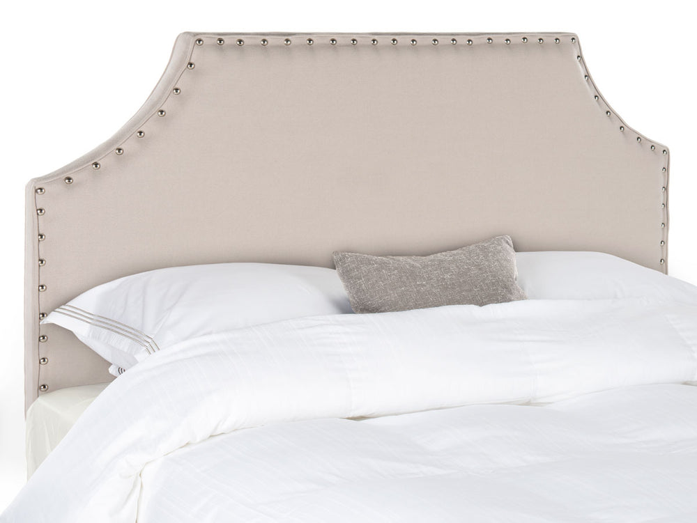 Denham Taupe Linen Headboard with Elegant Silver Nail Heads for a Chic Bedroom Makeover
