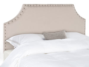 Denham Taupe Linen Headboard with Elegant Silver Nail Heads for a Chic Bedroom Makeover