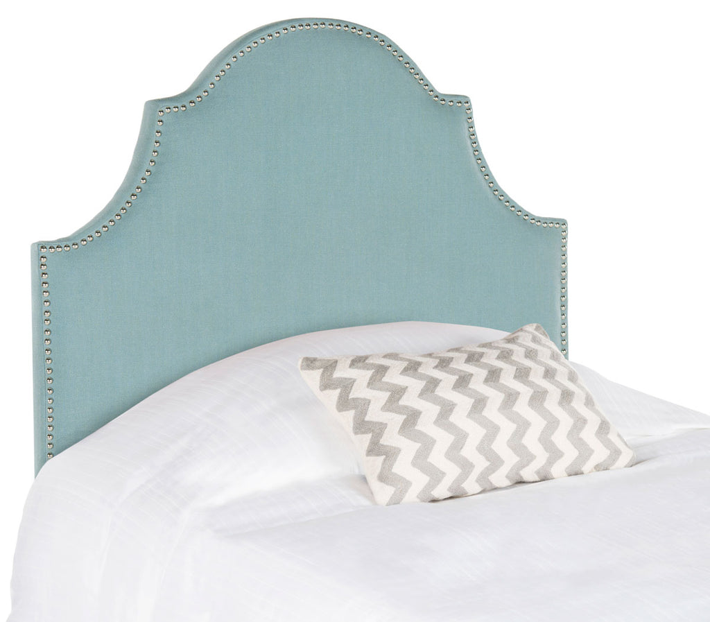 Safavieh Hallmar Headboard Twin Arched Sky Blue and Silver Fabric Wood Metal Plywood Linen Polyester Foam Iron Stainless Steel MCR4026D 683726671275