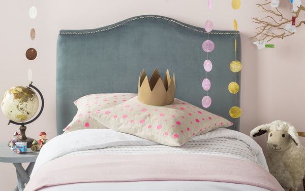 Safavieh Jeneve Headboard King Winged Wedgwood Blue and Silver Fabric Wood Metal Plywood Cotton Foam Iron Stainless Steel MCR4031E 683726673620