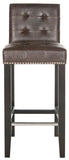 Safavieh Thompson Bar Stool Antique Brown Espresso Wood Water Based Paint Birch CA Foam Polyester Fiber Stainless Steel PU MCR4505F 683726670179