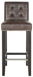 Safavieh Thompson Bar Stool Antique Brown Espresso Wood Water Based Paint Birch CA Foam Polyester Fiber Stainless Steel PU MCR4505F 683726670179