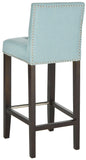 Safavieh Thompson Bar Stool Sky Blue Espresso Wood Water Based Paint Birch CA Foam Polyester Fiber Stainless Steel Cotton Linen MCR4505G 683726670186