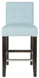 Safavieh Thompson Counter Stool 23.9" Linen Nailheads Sky Blue Espresso Wood Water Based Paint Birch CA Foam Polyester FiberSteelMCR4511G 683726670209