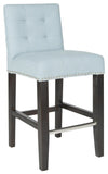 Safavieh Thompson Counter Stool 23.9" Linen Nailheads Sky Blue Espresso Wood Water Based Paint Birch CA Foam Polyester FiberSteelMCR4511G 683726670209