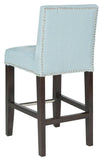 Safavieh Thompson Counter Stool 23.9" Linen Nailheads Sky Blue Espresso Wood Water Based Paint Birch CA Foam Polyester FiberSteelMCR4511G 683726670209