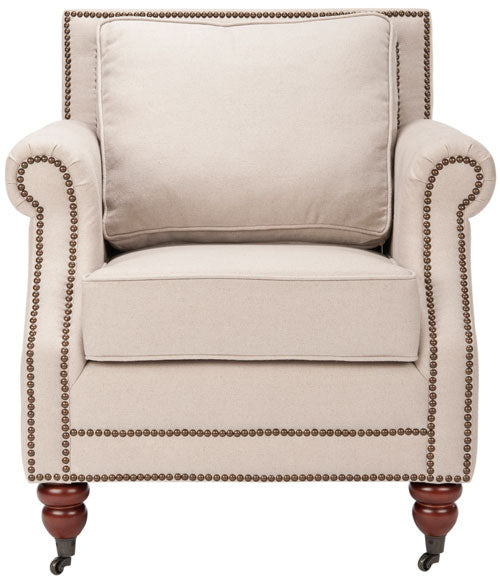 Safavieh Karsen Club Chair Brass Nail Heads Taupe Dark Cherry Wood Water Based Paint Birch CA Foam Polyester FiberSteelLinen MCR4534A 683726801832