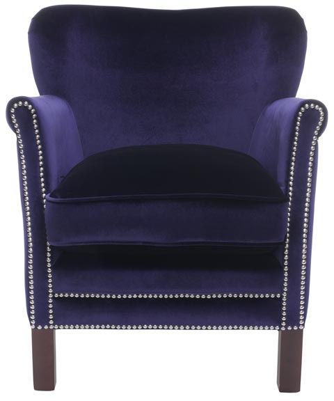 Safavieh Jenny Arm Chair Nail Heads Royal Blue Cherry Mahogany Wood Water Based Paint Birch CA Foam Poly Fiber Steel Velvet MCR4543D 683726391081