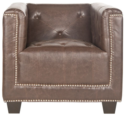 Safavieh Bentley Club Chair Silver Nail Heads Antique Brown Espresso Wood Water Based Paint Birch CA Foam Polyester FiberSteelPU MCR4574D 683726133568