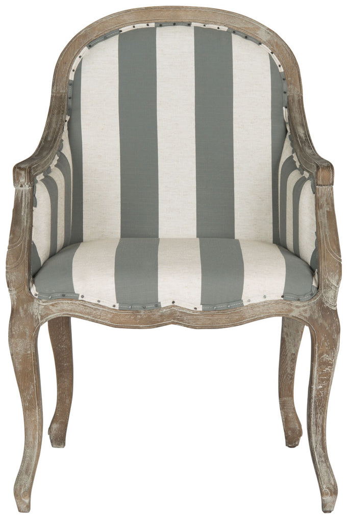 Safavieh Esther Arm Chair Awning Stripes Flat Black Nail Heads Grey Off White Pickled Oak Wood Oil Based Paint Poly Steel Linen MCR4575B 683726133582