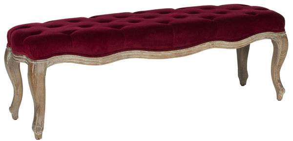 Safavieh Ramsey Bench Red Velvet Pickled Oak Wood Oil Based Paint CA Foam Polyester Fiber Cotton MCR4577F 683726748557