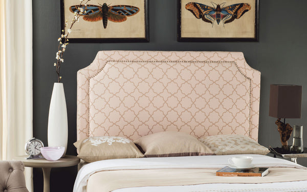 Shayne Glamorous Full Size Headboard in Pale Pink & Beige with Elegant Silver Nailhead Detailing