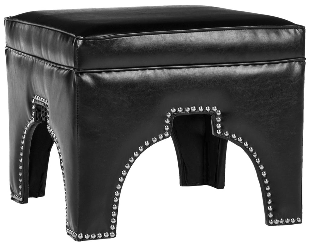 Safavieh Grant Ottoman Silver Nail Heads Black Plywood CA Foam Poly Fiber Stainless Steel Bicast Leather MCR4636A 683726593683