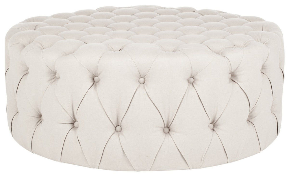 Safavieh Charlene Ottoman Tufted Cocktail Taupe Plywood CA Foam Poly Fiber Linen MCR4638A 683726594253