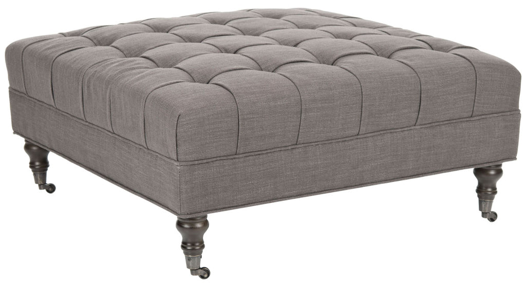 Safavieh Clark Ottoman Tufted Cocktail Charcoal Brown Espresso Wood Water Based Paint Birch CA Foam Poly Fiber Linen Polyester MCR4654D 683726368786
