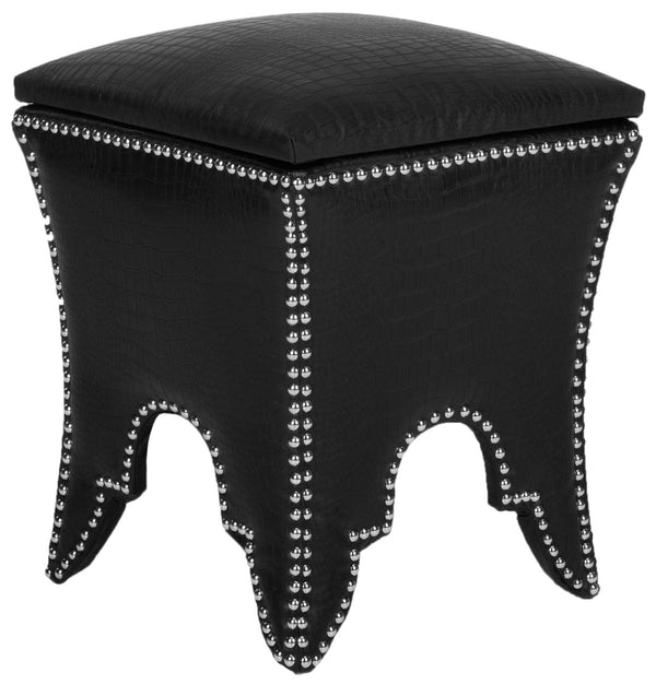 Safavieh Deidra Ottoman Silver Nail Heads Black Wood Mixed Solid CA Foam Poly Fiber Stainless Steel PU Leather MCR4663G 683726381860