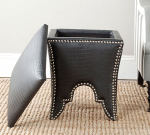 Safavieh Deidra Ottoman Silver Nail Heads Black Wood Mixed Solid CA Foam Poly Fiber Stainless Steel PU Leather MCR4663G 683726381860