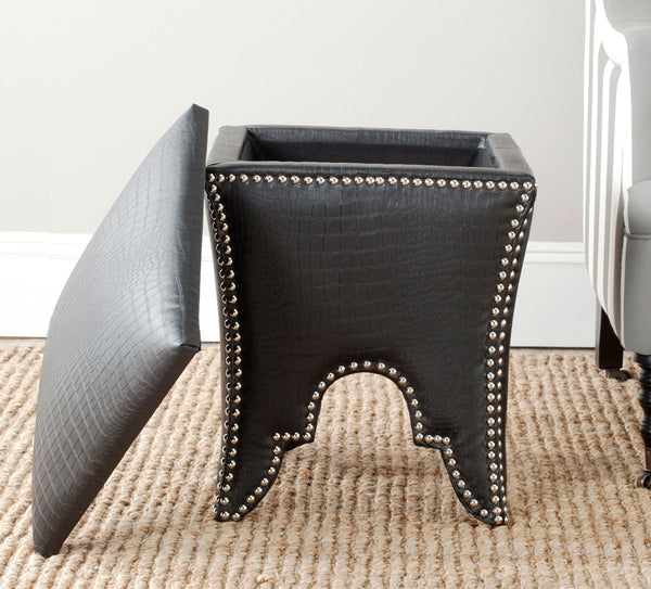 Safavieh Deidra Ottoman Silver Nail Heads Black Wood Mixed Solid CA Foam Poly Fiber Stainless Steel PU Leather MCR4663G 683726381860