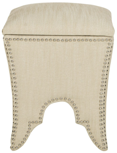 Safavieh Deidra Ottoman Silver Nail Heads Beige Wood Mixed Solid CA Foam Poly Fiber Stainless Steel Linen MCR4663J 683726382034